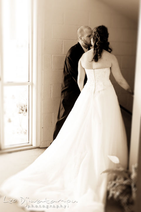 Bride and groom stealing a kiss after the ceremony at Hope Fellowship Church. Kitty Knight House Georgetown Chestertown MD Wedding Photographer