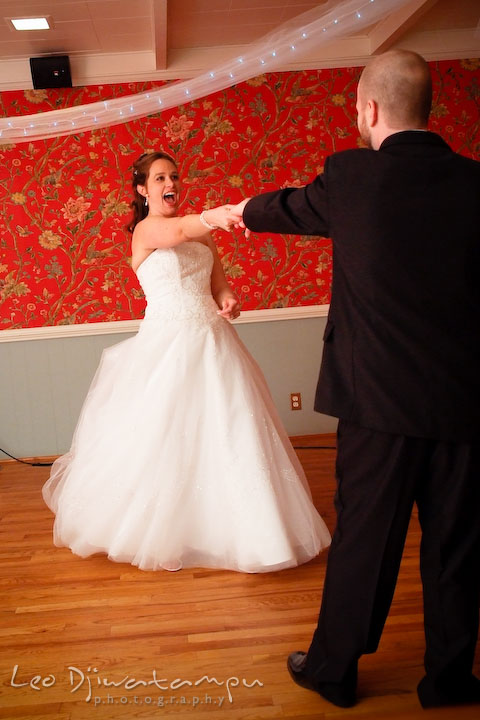 Bride and groom having fun dancing on their first dance. Kitty Knight House Georgetown Chestertown MD Wedding Photographer