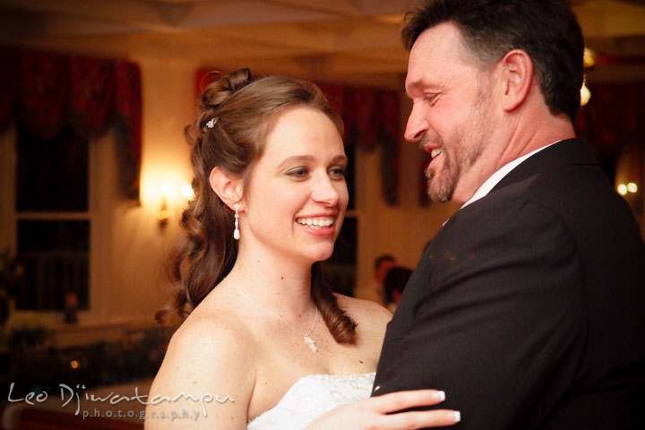 Bride and father of bride dancing, smiling. Kitty Knight House Georgetown Chestertown MD Wedding Photographer