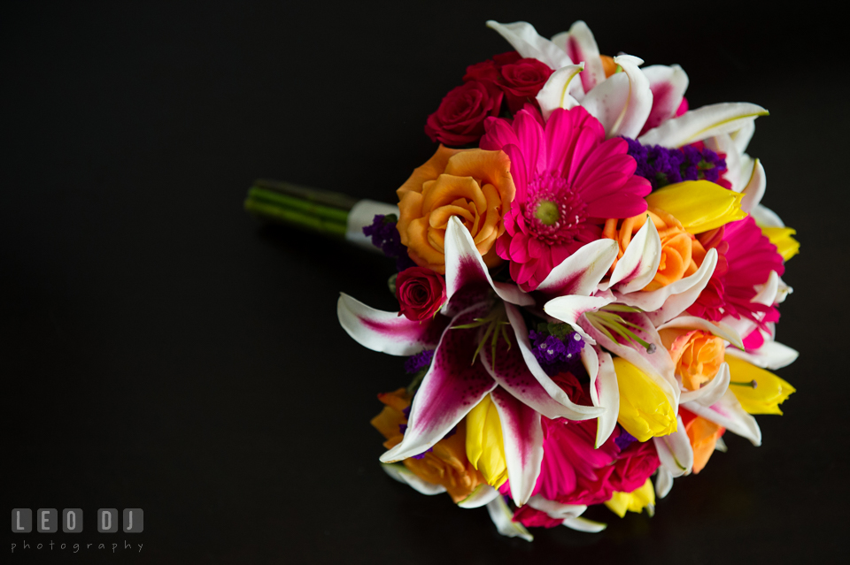 Colorful flowers arranged by Florist Robin's Nest for the Bride's bouquet. The Tidewater Inn wedding, Easton, Eastern Shore, Maryland, by wedding photographers of Leo Dj Photography. http://leodjphoto.com