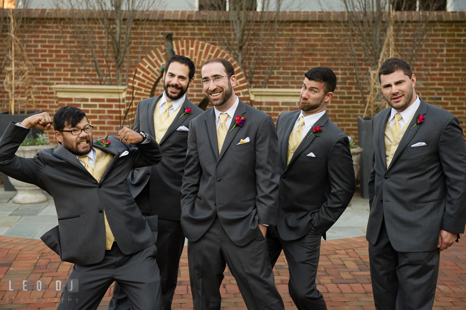 Groom and the guys doing goofy pose. The Tidewater Inn wedding, Easton, Eastern Shore, Maryland, by wedding photographers of Leo Dj Photography. http://leodjphoto.com