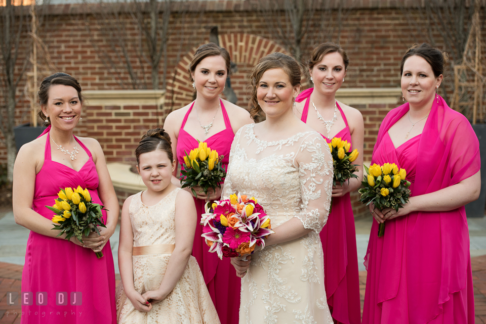 The lovely Bride with her Matron of Honor, flower girl, and Bridesmaids. The Tidewater Inn wedding, Easton, Eastern Shore, Maryland, by wedding photographers of Leo Dj Photography. http://leodjphoto.com