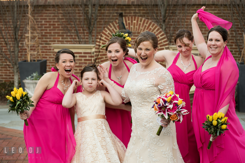 Bride and the bridal party doing goofy pose. The Tidewater Inn wedding, Easton, Eastern Shore, Maryland, by wedding photographers of Leo Dj Photography. http://leodjphoto.com