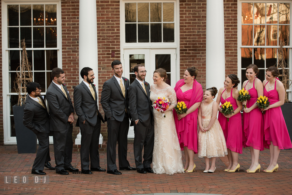 Bride and Groom with their whole wedding party. The Tidewater Inn wedding, Easton, Eastern Shore, Maryland, by wedding photographers of Leo Dj Photography. http://leodjphoto.com