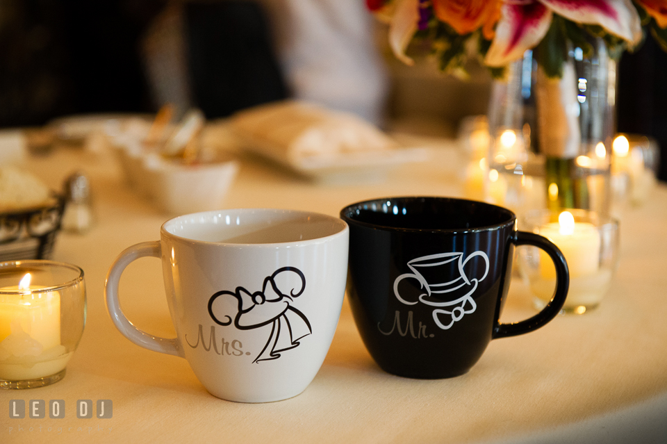 Mr and Mrs Disney mugs of Mickey and Minnie Mouse. The Tidewater Inn wedding, Easton, Eastern Shore, Maryland, by wedding photographers of Leo Dj Photography. http://leodjphoto.com