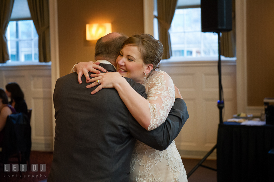 Bride hugging Dad during Father-Daughter dance. The Tidewater Inn wedding, Easton, Eastern Shore, Maryland, by wedding photographers of Leo Dj Photography. http://leodjphoto.com