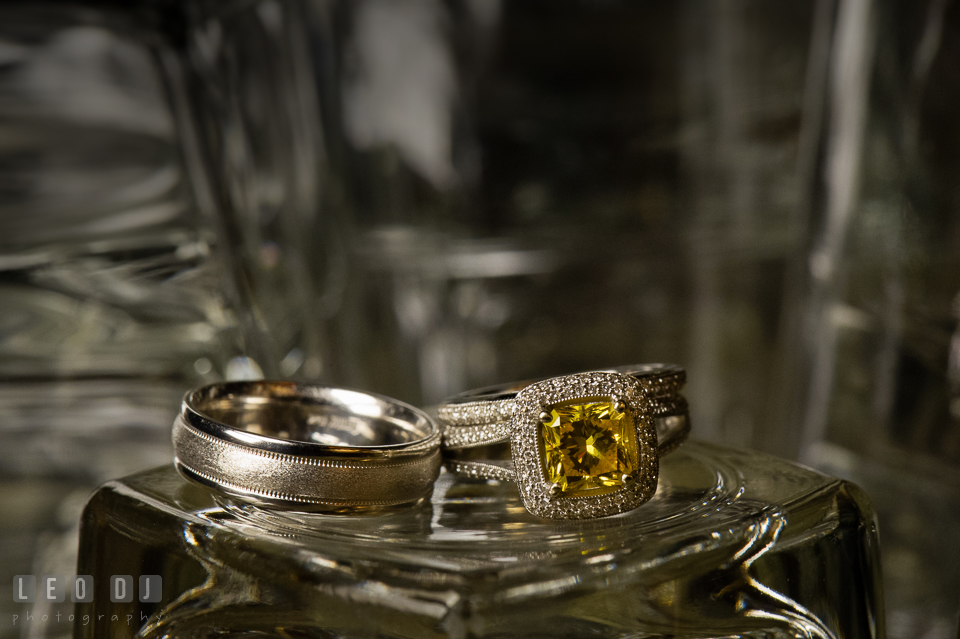 Close up shot of wedding bands and engagement ring from G&H Jewelers. The Tidewater Inn wedding, Easton, Eastern Shore, Maryland, by wedding photographers of Leo Dj Photography. http://leodjphoto.com