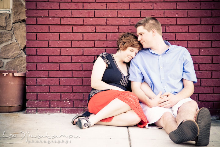 Engaged girl leaning her head on guy's shoulder. Engagement Pre-wedding Photo Session Bel Air Maryland wedding photographer