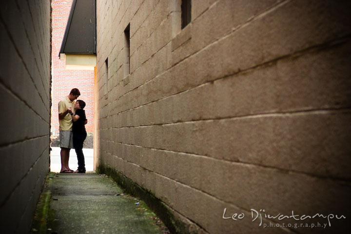 Engaged couple slow dancing at the end of an alley. Engagement Pre-wedding Photo Session Bel Air Maryland wedding photographer