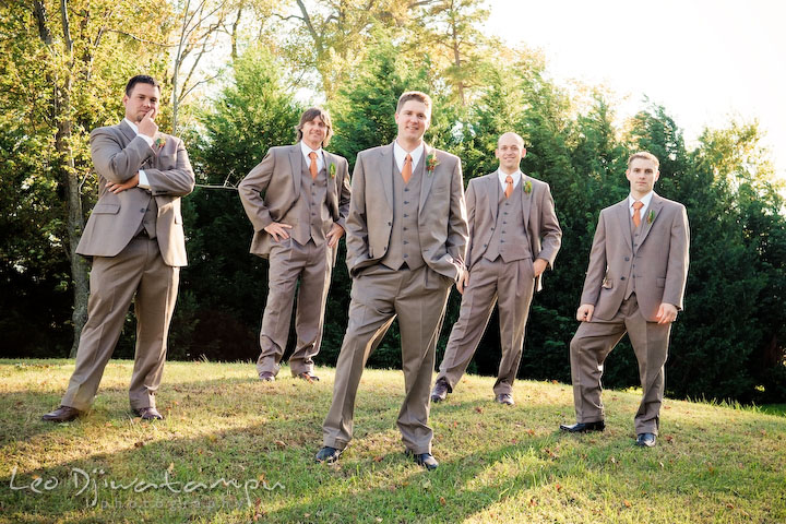 Groom, best man, and groomsmen standing and posing for the camera. Rock Hall, Chestertown, Kingstown, and Georgetown Maryland wedding photographer, Leo Dj Photography