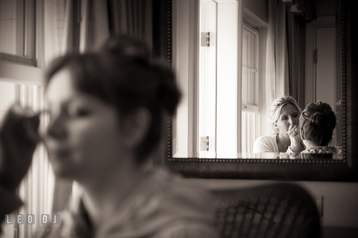 Bride getting make up done by Behind the Veil Beauty. Kent Island Maryland Matapeake Beach wedding ceremony and getting ready photo, by wedding photographers of Leo Dj Photography. http://leodjphoto.com