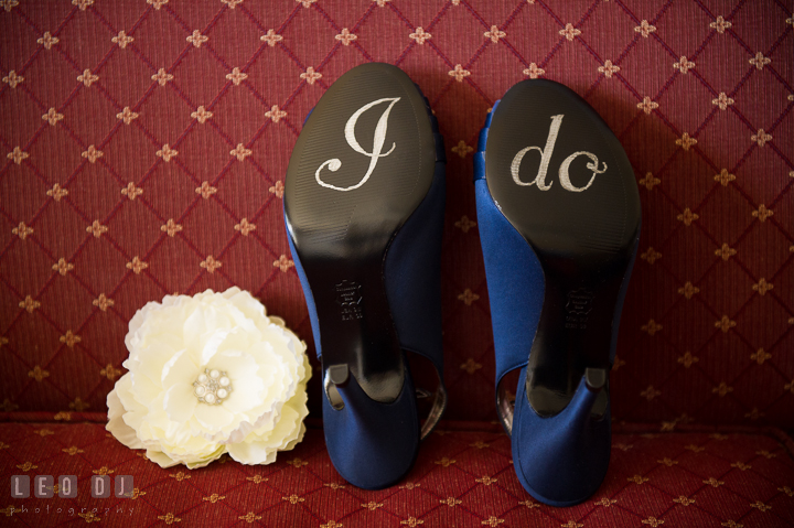 Bride's wedding shoes with I do on sole and flower for hair. Kent Island Maryland Matapeake Beach wedding ceremony and getting ready photo, by wedding photographers of Leo Dj Photography. http://leodjphoto.com