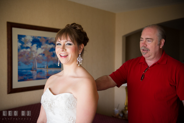 Father of Bride tapping daughter's shoulder. Kent Island Maryland Matapeake Beach wedding ceremony and getting ready photo, by wedding photographers of Leo Dj Photography. http://leodjphoto.com