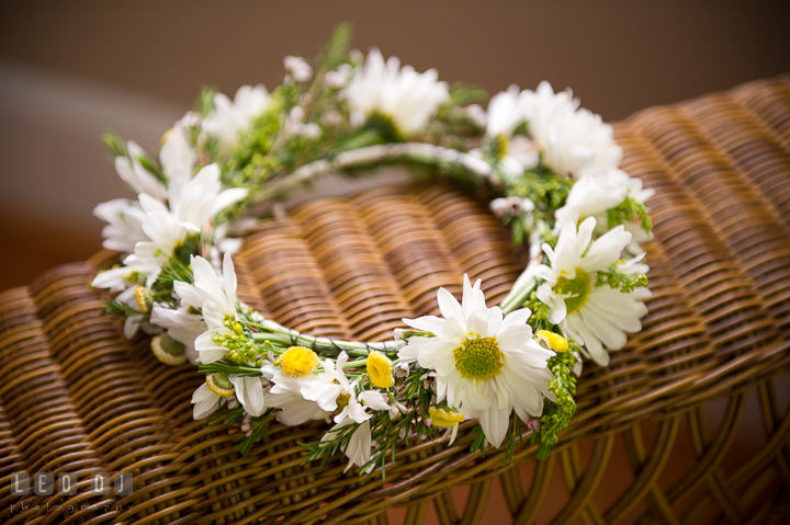 Floral crown of daisy for the flower girls. Kent Island Maryland Matapeake Beach wedding ceremony and getting ready photo, by wedding photographers of Leo Dj Photography. http://leodjphoto.com