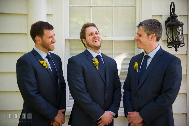 Groom laughing together with Best Man and Groomsman. Kent Island Maryland Matapeake Beach wedding ceremony and getting ready photo, by wedding photographers of Leo Dj Photography. http://leodjphoto.com