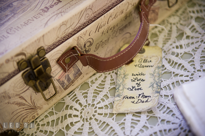 Vintage suitcase decoration. Kent Island Maryland Matapeake Beach wedding reception party and romantic session photo, by wedding photographers of Leo Dj Photography. http://leodjphoto.com