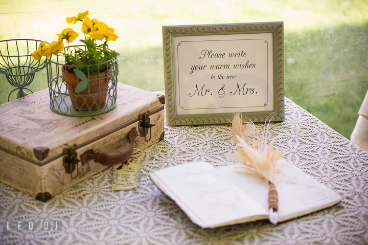 Guest signing table with vintage decorations. Kent Island Maryland Matapeake Beach wedding reception party and romantic session photo, by wedding photographers of Leo Dj Photography. http://leodjphoto.com