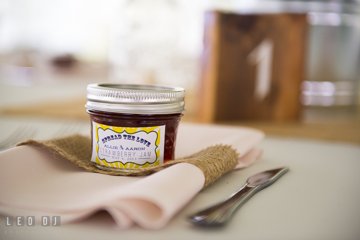 Strawberry jam jar wedding favor. Kent Island Maryland Matapeake Beach wedding reception party and romantic session photo, by wedding photographers of Leo Dj Photography. http://leodjphoto.com