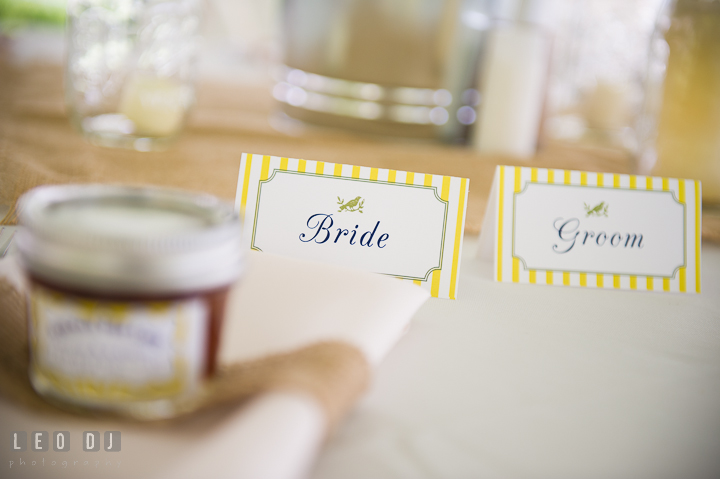 Bride and Groom placecard. Kent Island Maryland Matapeake Beach wedding reception party and romantic session photo, by wedding photographers of Leo Dj Photography. http://leodjphoto.com