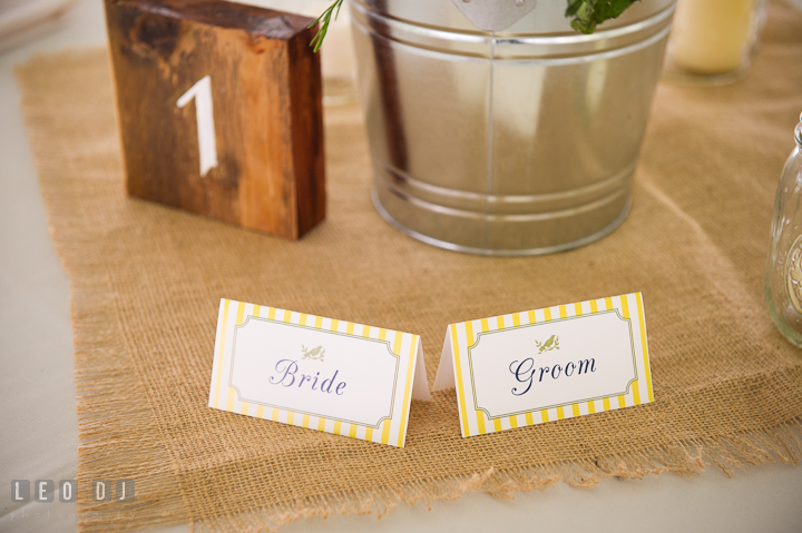 Bride and Groom place card on the sweet heart table. Kent Island Maryland Matapeake Beach wedding reception party and romantic session photo, by wedding photographers of Leo Dj Photography. http://leodjphoto.com