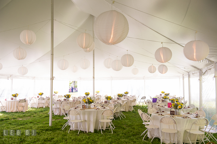 Tent setting of the whole reception area with chinese lanterns. Kent Island Maryland Matapeake Beach wedding reception party and romantic session photo, by wedding photographers of Leo Dj Photography. http://leodjphoto.com