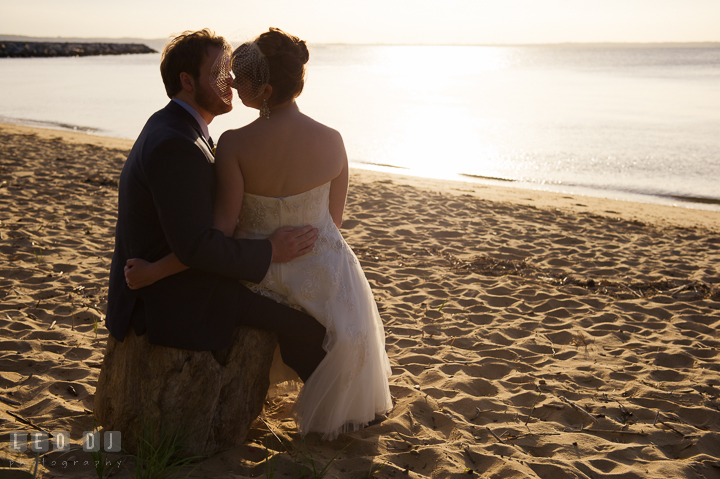 Silhouette of Bride and Groom almost kissed. Kent Island Maryland Matapeake Beach wedding reception party and romantic session photo, by wedding photographers of Leo Dj Photography. http://leodjphoto.com