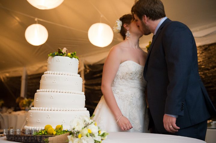 Bride and Groom kissed after cake cutting. Kent Island Maryland Matapeake Beach wedding reception party and romantic session photo, by wedding photographers of Leo Dj Photography. http://leodjphoto.com