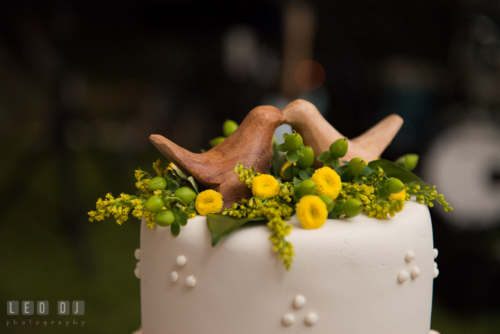 Wooden birds kissing cake topper. Kent Island Maryland Matapeake Beach wedding reception party and romantic session photo, by wedding photographers of Leo Dj Photography. http://leodjphoto.com