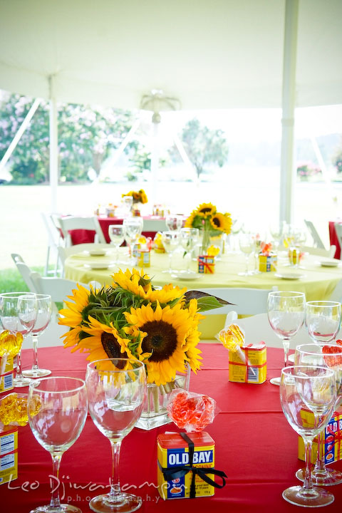 Sun flower, old bay spice, crab lollypop, centerpiece table decoration. Cove Creek Country Club, Stevensville, Kent Island, Eastern Shore, Maryland Wedding Photographer, beach wedding photographer