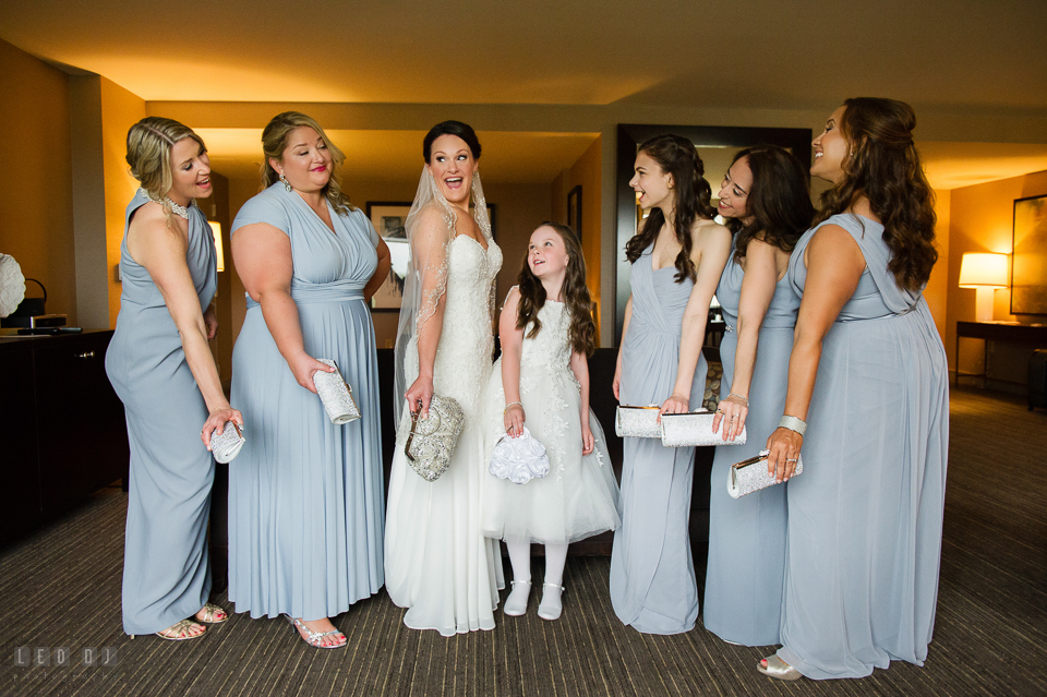 Westin Annapolis Hotel Bride, daughter and Bridesmaids with new purses photo by Leo Dj Photography