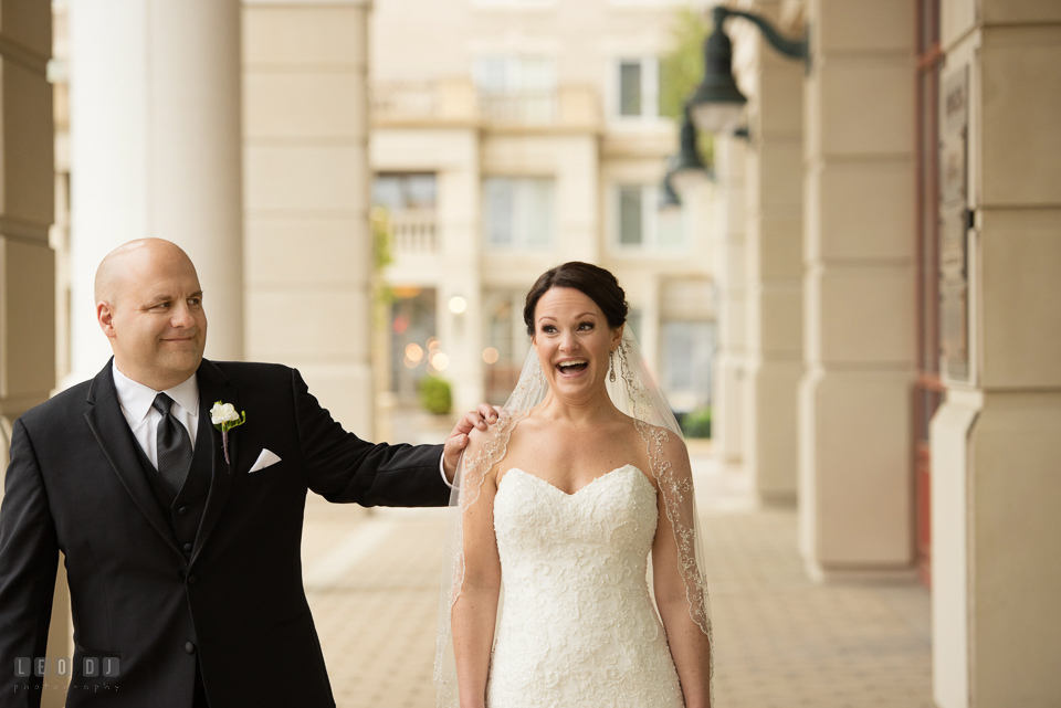 Westin Annapolis Hotel bride excited as groom arrived during first look photo by Leo Dj Photography