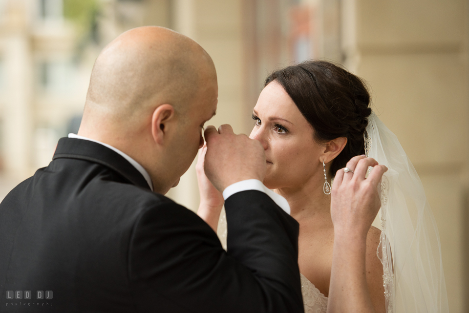 Westin Annapolis Hotel bride and groom shed tear during first look photo by Leo Dj Photography