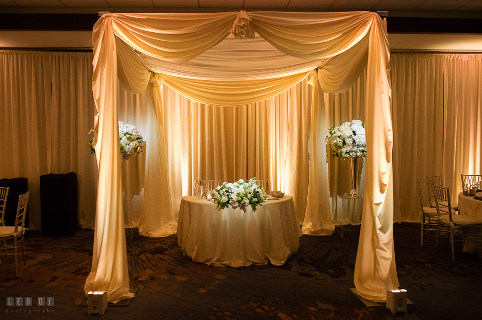 Westin Annapolis Hotel sweetheart table with canopy and custom drapes by Event Dynamics photo by Leo Dj Photography