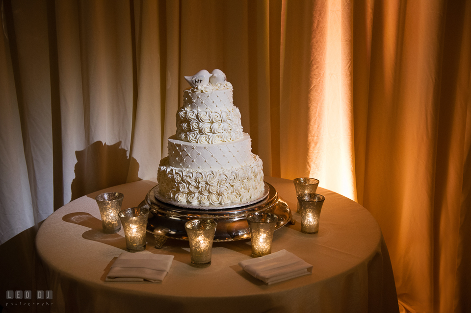 Westin Annapolis Hotel four tier white rose wedding cake from Cakes and Confections photo by Leo Dj Photography