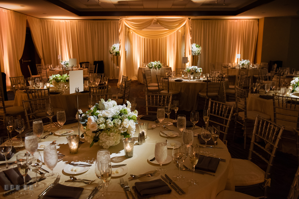 Westin Annapolis Hotel ballroom setting with custom drapes and uplighting by Event Dynamics photo by Leo Dj Photography