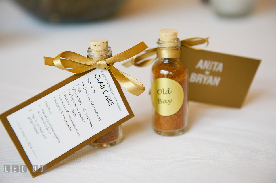 A glass jar of Old Bay spice and a recipe for crab cake for wedding favor. Aspen Wye River Conference Centers wedding at Queenstown Maryland, by wedding photographers of Leo Dj Photography. http://leodjphoto.com