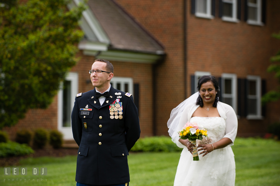 Bride walking towards Groom during their first look before the ceremony. Aspen Wye River Conference Centers wedding at Queenstown Maryland, by wedding photographers of Leo Dj Photography. http://leodjphoto.com