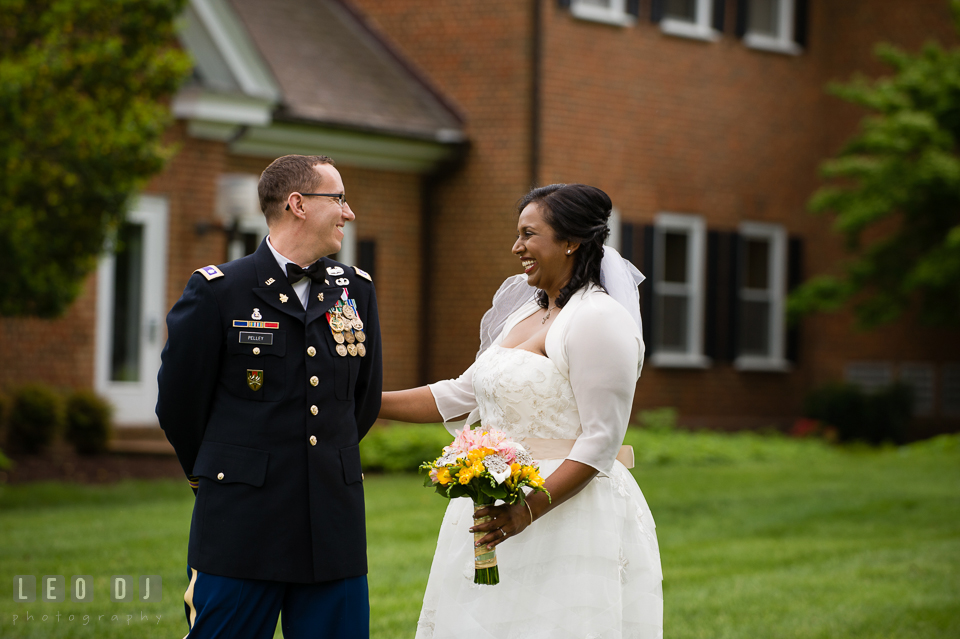 Bride and Groom smiled seeing each other the first time during their first glance before the ceremony. Aspen Wye River Conference Centers wedding at Queenstown Maryland, by wedding photographers of Leo Dj Photography. http://leodjphoto.com