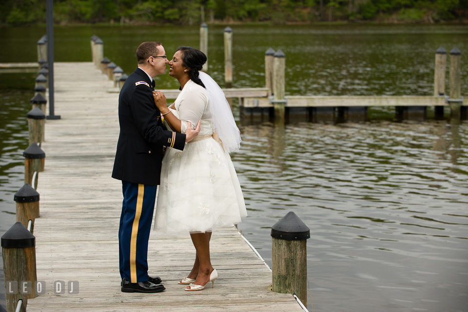 Bride and Groom almost kissed on the pier. Aspen Wye River Conference Centers wedding at Queenstown Maryland, by wedding photographers of Leo Dj Photography. http://leodjphoto.com