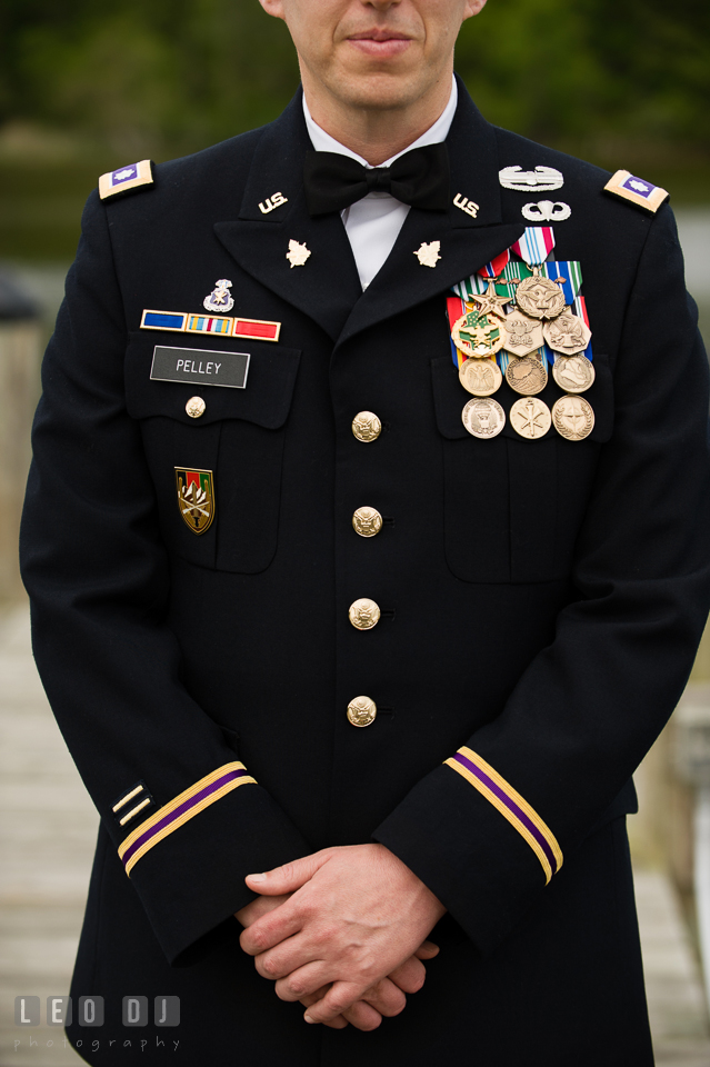 Groom wearing US Army military uniform. Aspen Wye River Conference Centers wedding at Queenstown Maryland, by wedding photographers of Leo Dj Photography. http://leodjphoto.com