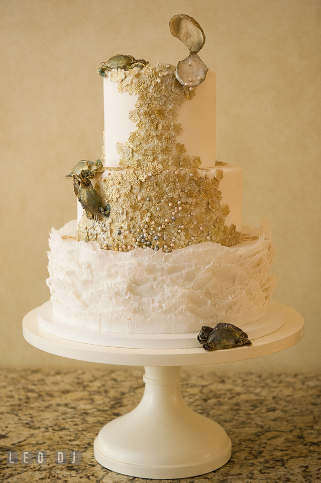 Beautiful detailed wedding cake custom made by Maggie Austin. Aspen Wye River Conference Centers wedding at Queenstown Maryland, by wedding photographers of Leo Dj Photography. http://leodjphoto.com