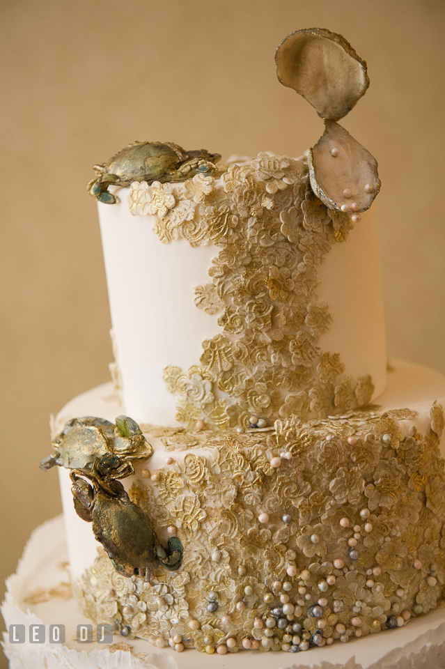Custom made edible crabs and oyster shells on the wedding cake by Maggie Austin. Aspen Wye River Conference Centers wedding at Queenstown Maryland, by wedding photographers of Leo Dj Photography. http://leodjphoto.com