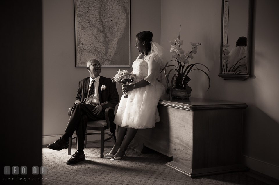 Bride talking with her father before he walked her down the aisle. Aspen Wye River Conference Centers wedding at Queenstown Maryland, by wedding photographers of Leo Dj Photography. http://leodjphoto.com