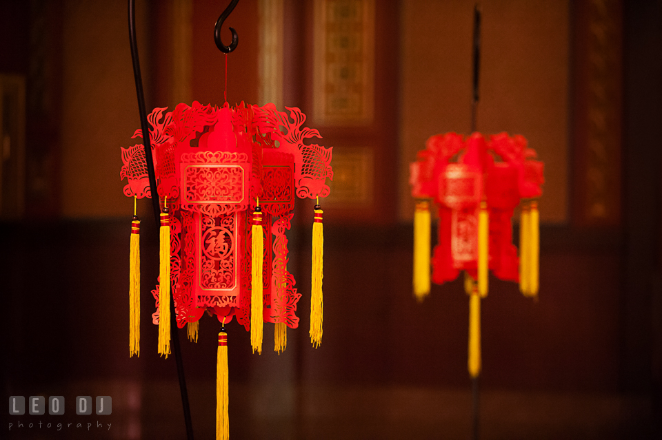 Red Chinese lantern decorations for ceremony at the Oriental Room. Tremont Grand Historic Venue wedding, Baltimore, Maryland, by wedding photographers of Leo Dj Photography. http://leodjphoto.com