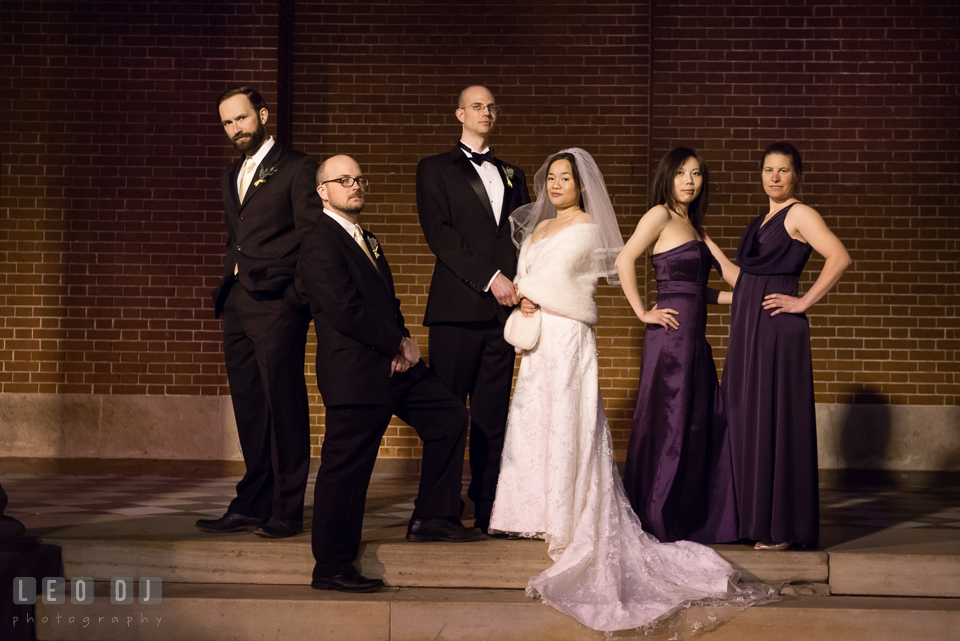 Bride and Groom posing with Best Man, Groomsman, Maid of Honor and Bridesmaid. Tremont Grand Historic Venue wedding, Baltimore, Maryland, by wedding photographers of Leo Dj Photography. http://leodjphoto.com