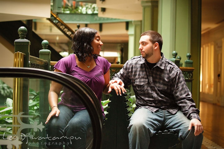 Engaged couple looking at each other. Pre wedding engagement photo session at Georgetown, Washington DC by wedding photographer Leo Dj Photography