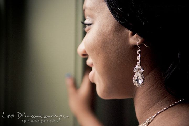 Bride's earring jewelry. Kitty Knight House Georgetown Maryland wedding photos by photographers of Leo Dj Photography.