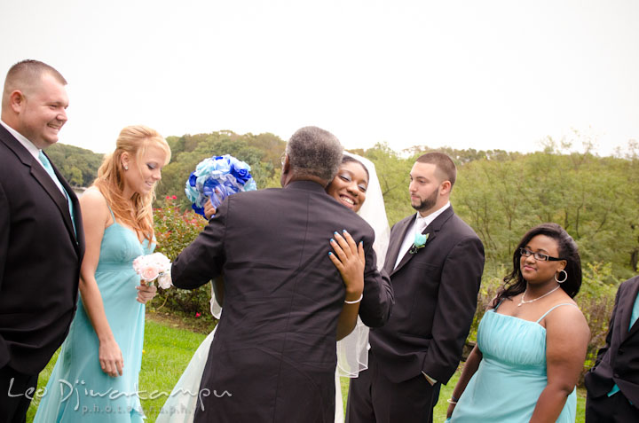 Bride hugging grandfather. Kitty Knight House Georgetown Maryland wedding photos by photographers of Leo Dj Photography.