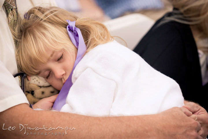 Girl guest sleeping during ceremony. Kitty Knight House Georgetown Maryland wedding photos by photographers of Leo Dj Photography.