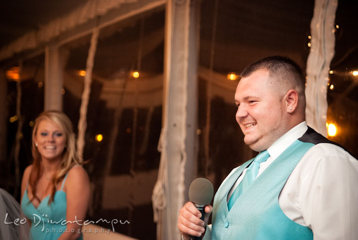 Speech from best man. Maid of honor laughing. Kitty Knight House Georgetown Maryland wedding photos by photographers of Leo Dj Photography.
